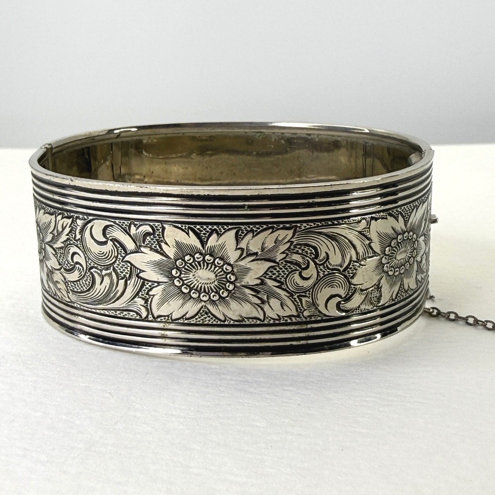 Vintage Bangle Bracelet Floral Engraved Wide Hinged Silver Tone
